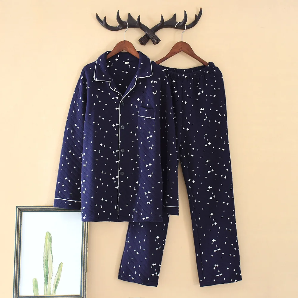 Thicken stars Navy Японские зимние теплые пижамные комплекты для мужчин, сексуальные, в морском стиле, плотные, хлопок, простая домашняя одежда для сна, Мужская домашняя одежда - Цвет: Thicken stars Navy