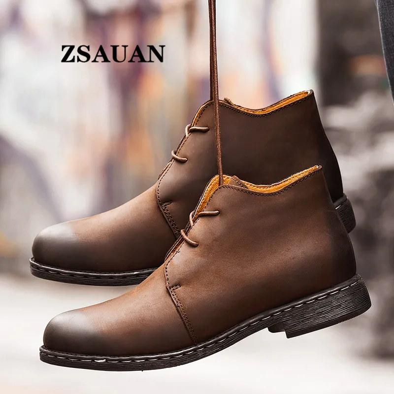 

ZSAUAN Italian Retro Men Boots Big Size Genuine Leather Brushed Lace-up Winter/Spring Casual Shoes Male Combat Military Footwear