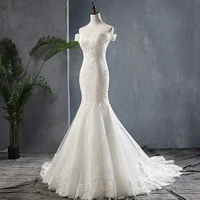 off shoulder mermaid wedding dresses lace appliques lace up back slim fishtail bridal gowns 2021 formal fishtail bride wear