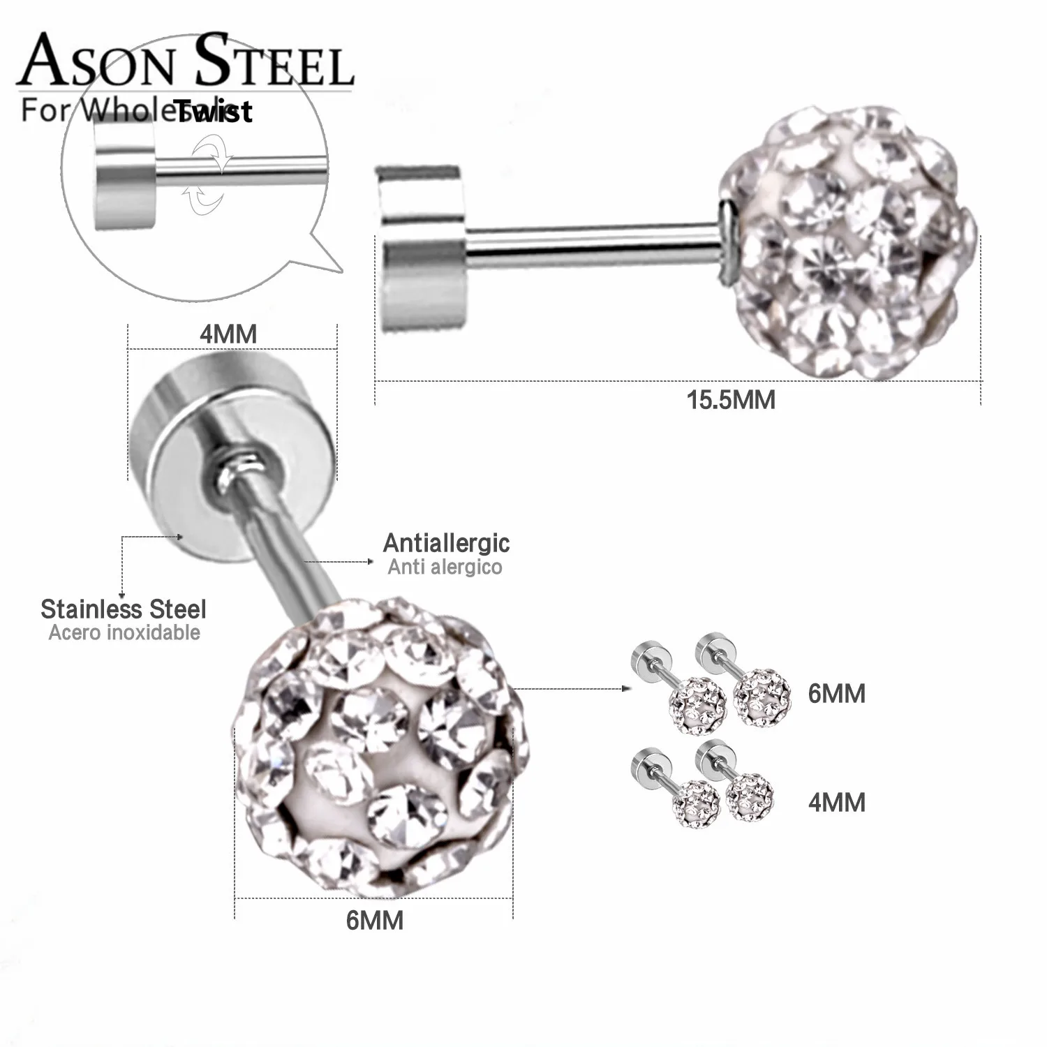 Женские серьги из нержавеющей стали с кристаллами золотистого/серебристого