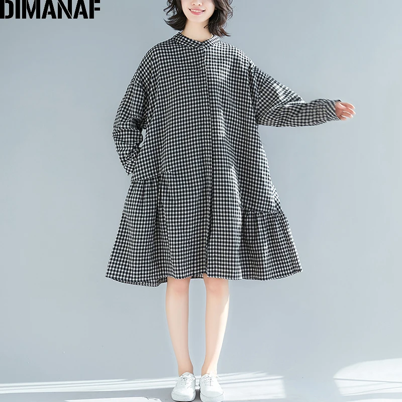 Женская рубашка с длинным рукавом DIMANAF хлопковая льняная блузка в клетку