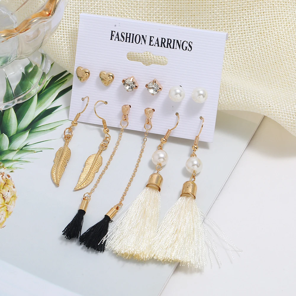 6 Pairs/Lot Imitation Pearl Heart Big Circle Tassel Drop Earrings Set For Women Leaf Flower Elephant Earring Ear Jewelry | Украшения и