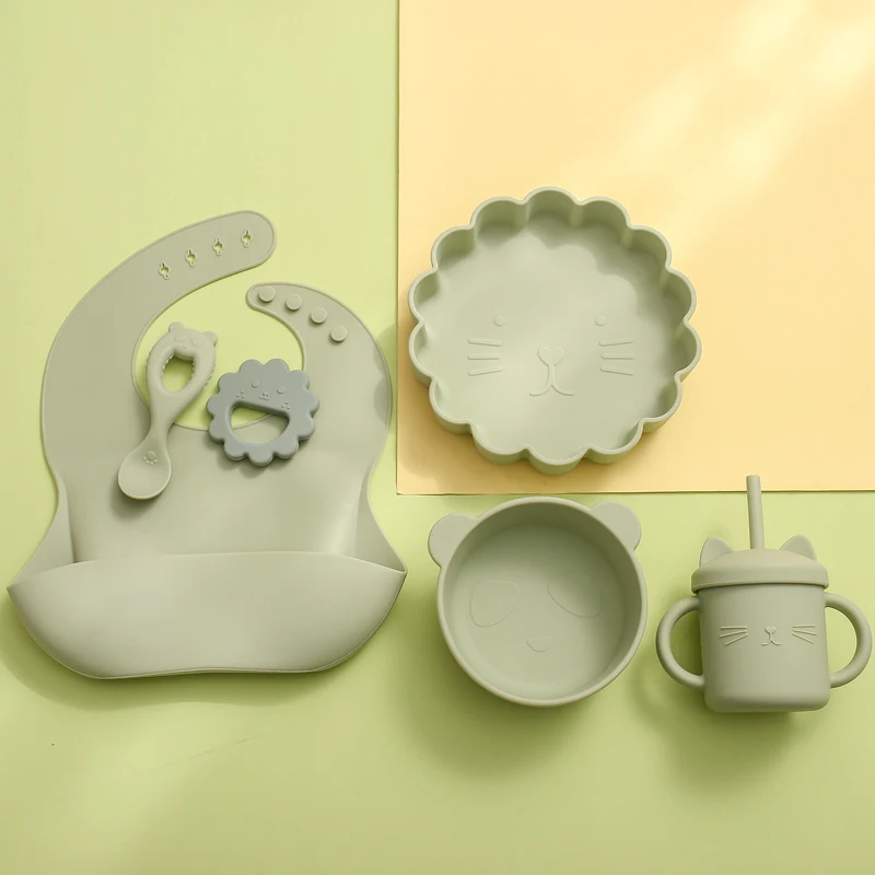 Vajilla de alimentaci&oacute;n para beb&eacute;, juego de 6 unids/set de silicona con dibujos animados, taz&oacute;n de alimentaci&oacute;n para beb&eacute;, plato de cena antideslizante, mordedor para ni&ntilde;o, productos para beb&eacute;-4