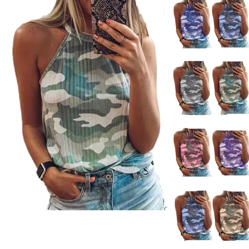 

Bikoles Summer New Fashion Casual O Neck Halter Sleeveless Tops Women Tanks Print Patchwork Backless Lady Tanks Plus Size Basic