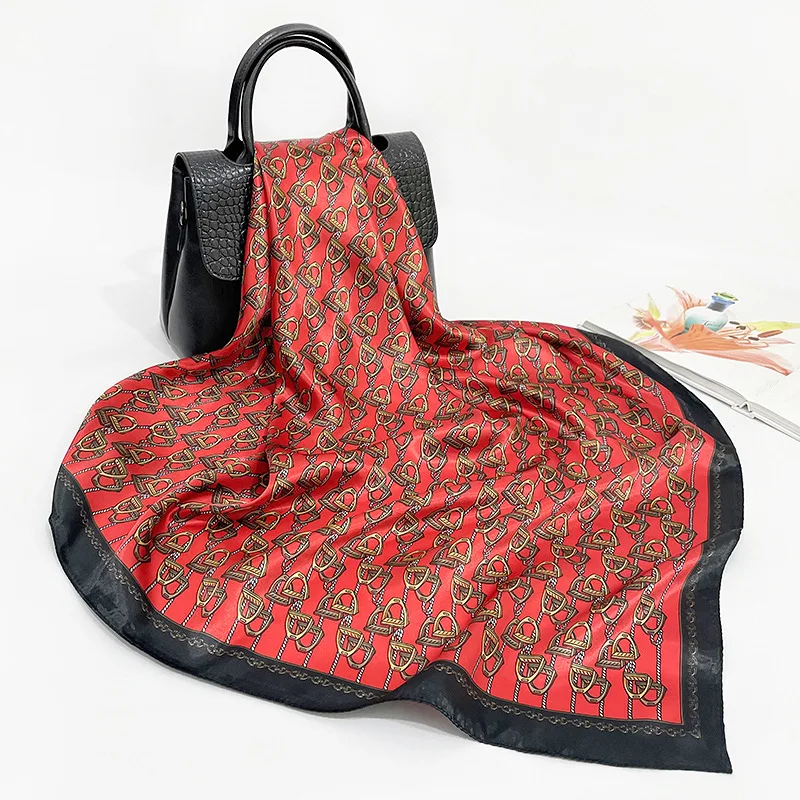 

90x90cm runmeifa Silk Scarf Luxury Brand Designer Hair Scarf Print Head Scarf 2022 Large Handkerchief Hijab Shawl for Women