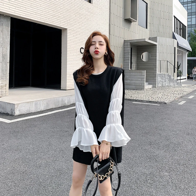 Женский офисный костюм-двойка осенняя рубашка с длинными расклешенными рукавами