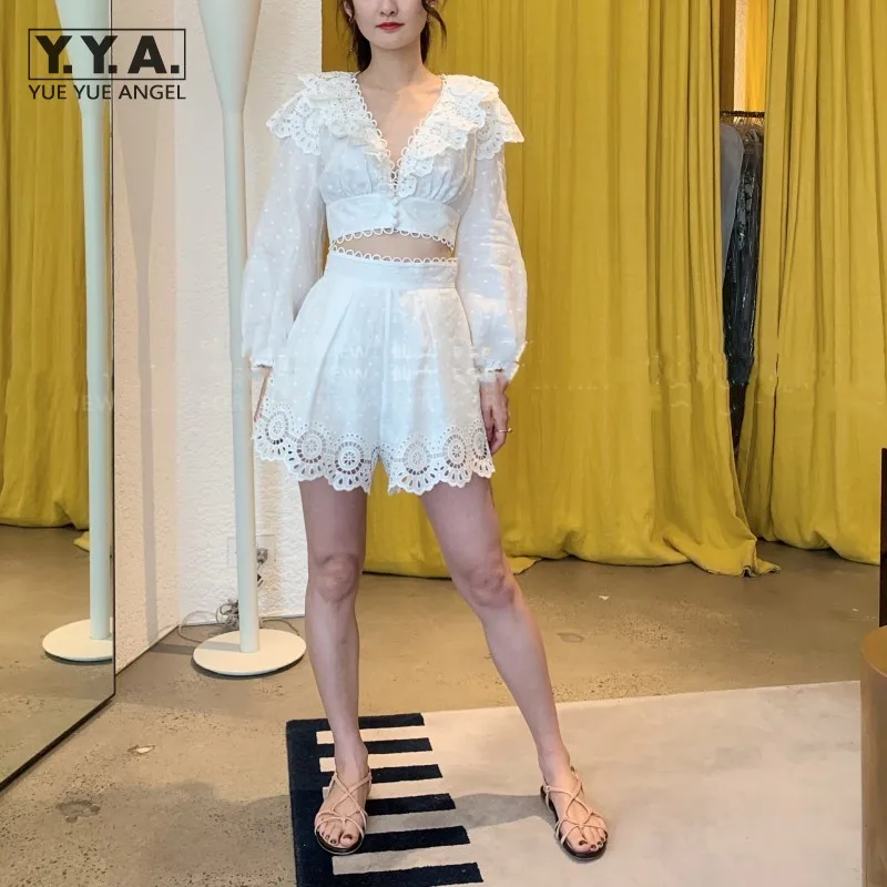 

Ruffle V-Neck Puff Sleeve Short Tops Wide Leg High Waist Shorts Summer Women Vacation Clothes Hawaiian Sweet White Two Piece Set