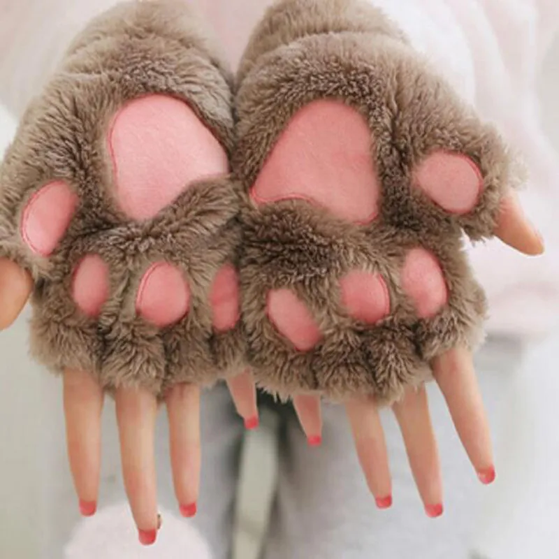 

Ladies Cute Cat Claw Plush Gloves Pink Gloves Warm Soft Plush Short Fingerless Fluffy Panda Gloves Clothing Semi-assigned Pair
