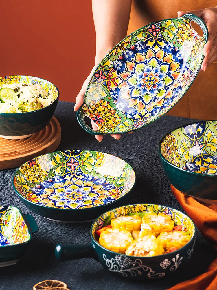 

Bohemia Bowl Plate Set Ceramic Dinnerware Retro Salad Binaural Bowl Bake Pan Large Capacity Noodle Soup Bowl