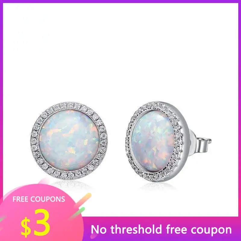 

OGULEE 925 Sterling Silver Earrigns Round Inlaid Artificial Gemstone Opalite Shinning Stud Earrings for Women Luxury Jewelry