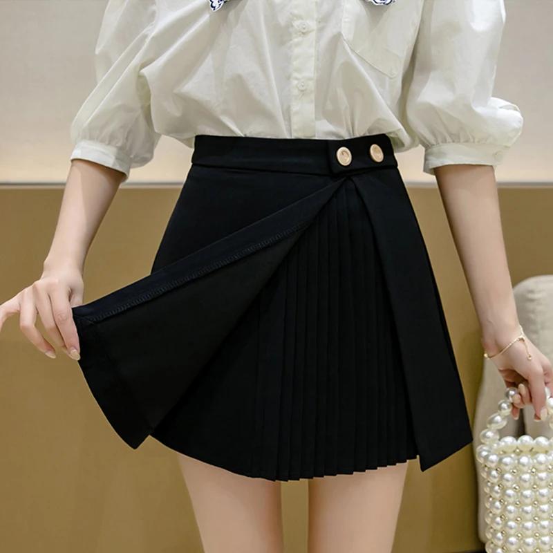 

Ailegogo New Summer Women High Waist Ruffles Mini Skirt Casual Female Solid Color Button Ins Black Short Skirts