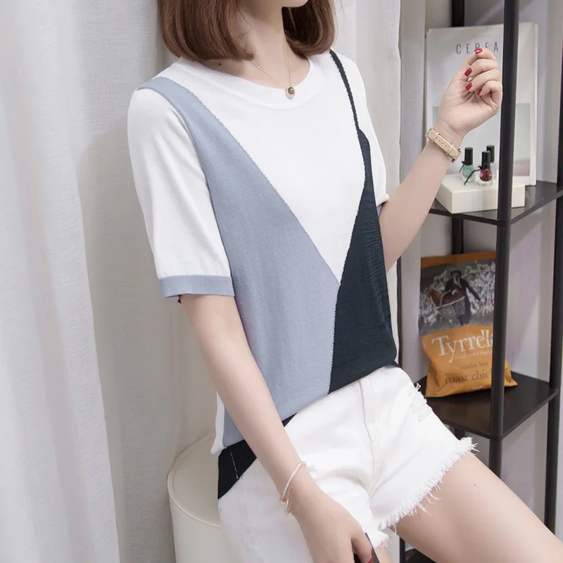 

Stylish Patchwork Knitted Tshirt Sweater Women 2023 Summer Short Sleeve O-neck Tops Tees Casual Fashion Chic Ladies Knitwear