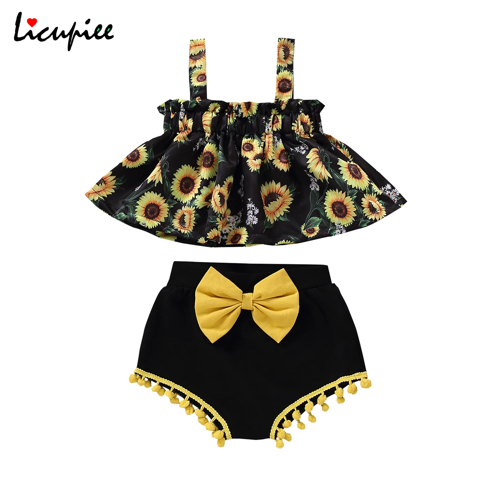 

0-12 Months Girl\u2019s 2pcs Summer Clothes Set, Sunflower Printed Suspender Skirt Hem Tops with Bow Decoration Triangle Shorts