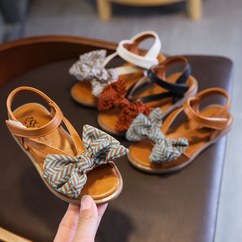 

2021 Summer Stripes Bow-tie Breathable Beach Shoes for Girls Teens Student Black Beige Brown New Arrival Roman Shoes Kids E03203