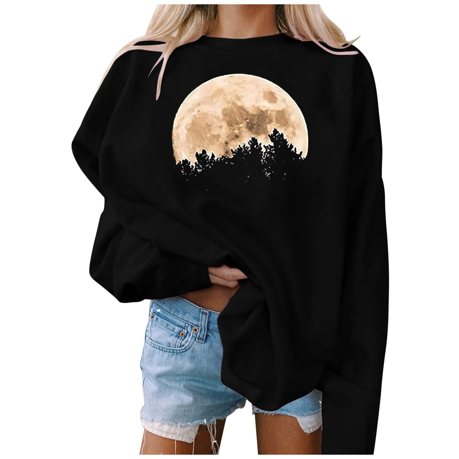 

Oversized Women's T-shirts Fashion Moon Print Long Sleeve O-neck Pullover Autumn Casual Loose Women Clothes Streetwear#fs