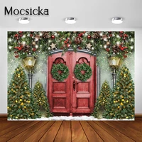 mocsicka christmas winter snow photography background christmas tree wood door backdrop holiday child portrait photoshoot