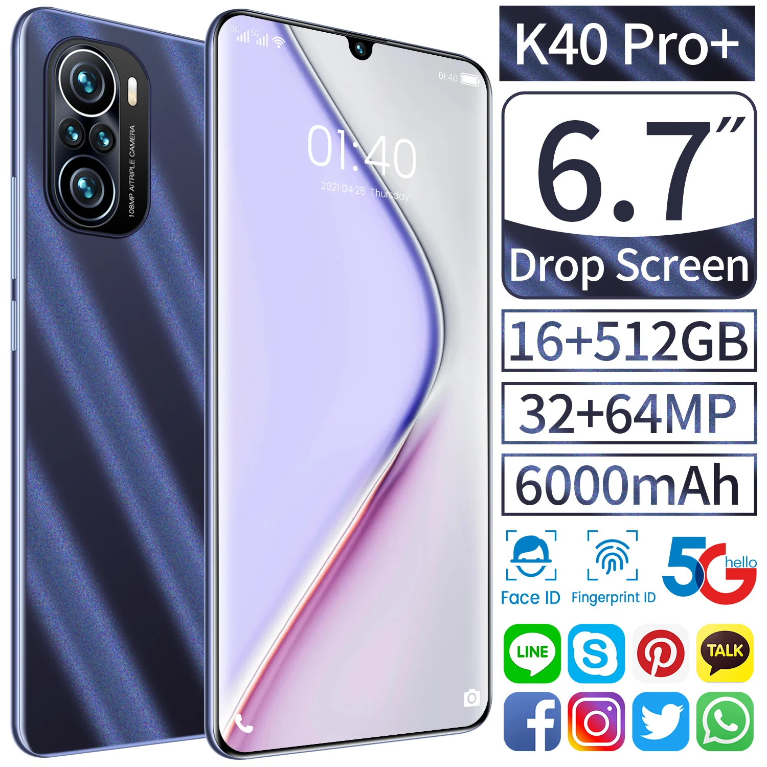 

Global Version Galaxy K40 Pro+ 6.7Inch SmartPhone 16+512G Android 6000Mah Lithium-ion Big Battery CellPhone 32MP+64MP Camera