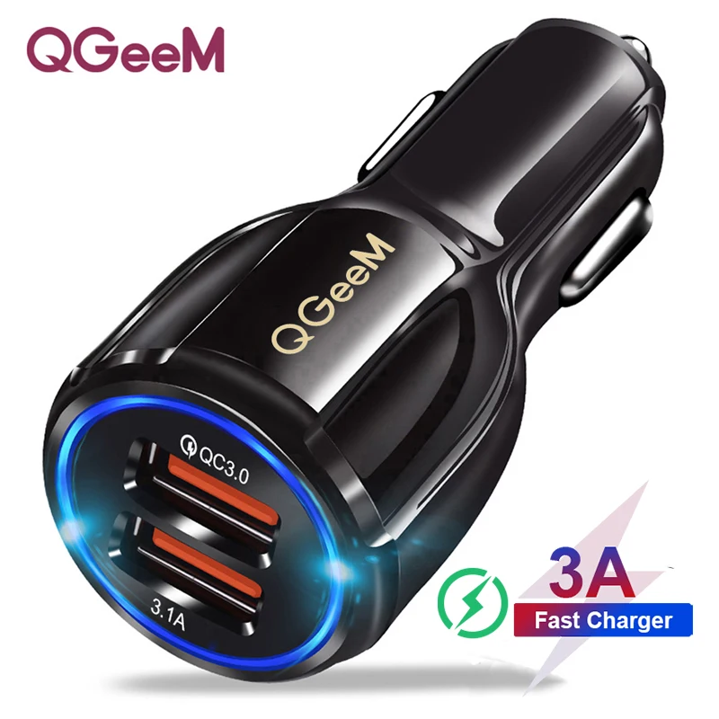 Автомобильное зарядное устройство QGEEM Dual USB QC 3,0, быстрая зарядка 3,0, автомобильное зарядное устройство, 2 порта, USB портативное зарядное устройство для iPhone Xiaomi