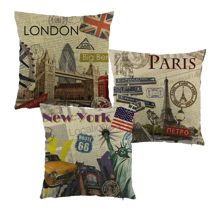 

City style london /paris/NEW YORK printed cushion cover linen throw pillow case cushion Covers for home sofa Pillowcase 45x45cm