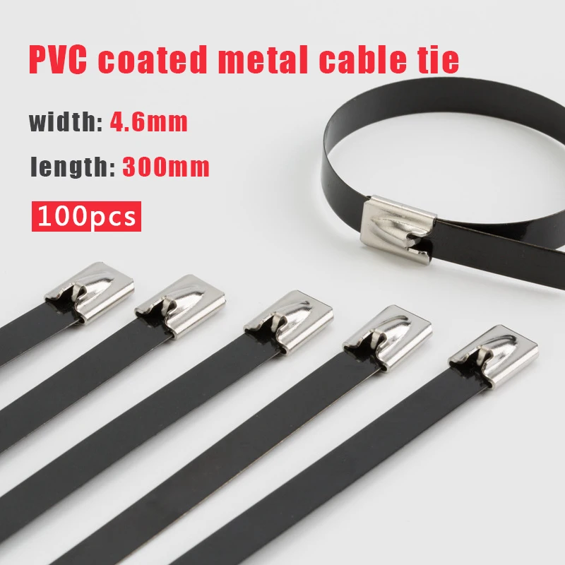 Pvc Plástico Revestido Ss304 Cabo Gravata Fio Preto Encadernação Envoltório Correias Plástico Zip Tie Aço Inoxidável 100 Peças Lote 300 mm Fixadores de cabo