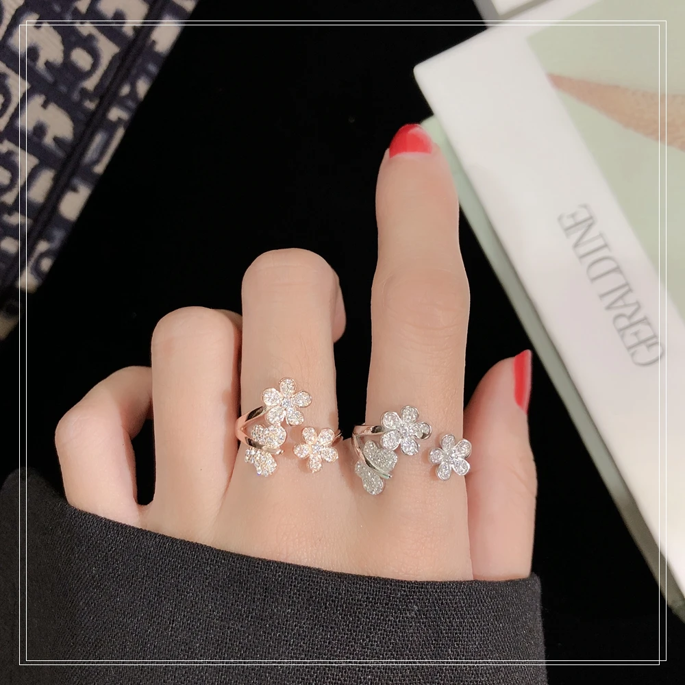 S925 Стерлинговое Серебро модный тренд блестящее женское кольцо с цветком перо