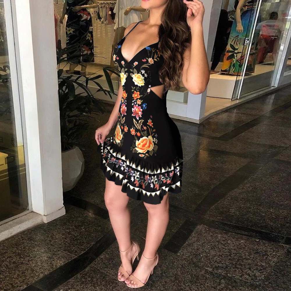 

2021 Floral Print Bodycon Dress Women Summer Sexy V Neck Sleeveless Hollow Out Ruffles Spaghetti Strap Beach Mini Dresses Party