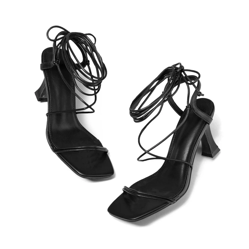 

Women Sexy Summer Ankle Strap Gladiator Flock Sandals High Heels Females Thin Heel Pumps Ladies Cross Straps Shoes