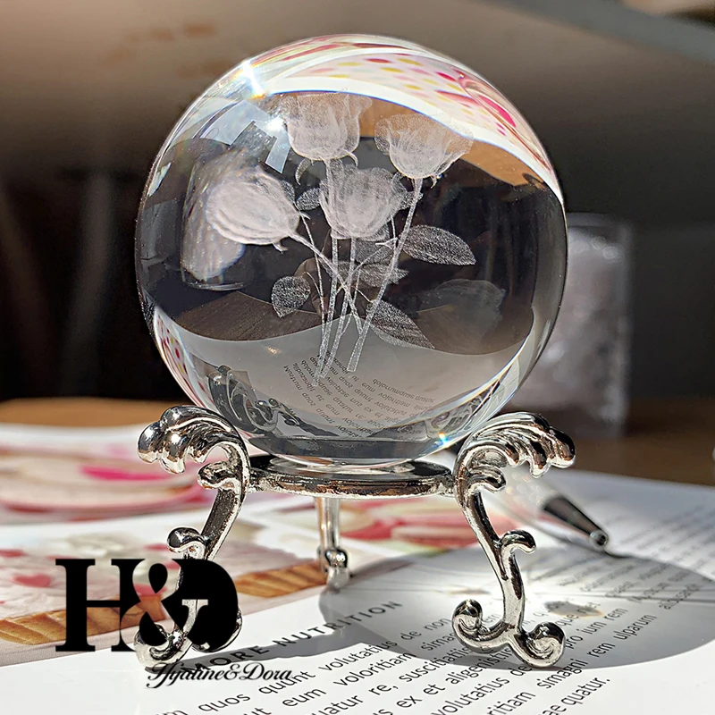 

H&D 6cm 3D Laser Engraved Crystal Ball Rose Bouquet Miniature Glass Sphere Home Decor Accessories Ornament Boys Gift with Stand