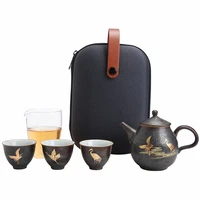 black crockery ceramic teapot with 3 cups flying crane portable travel tea set drinkware free shipping