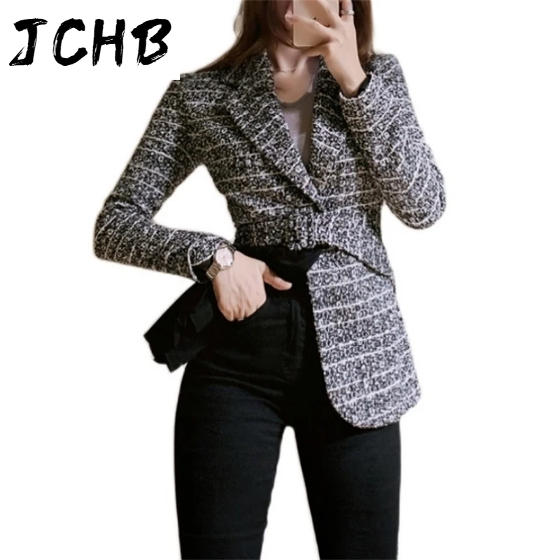 

JCHB 2021 new fashion women clothes turn-down collar full sleeves pleasted patchwork plaided high waist belt jacket WO60001L