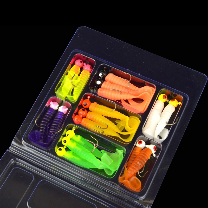 17Pcs Set Box Edible Silicone Lures Fishing Soft Bait Worm With Tail Plastic Jig Hook Tackle Grub for Fishing Perch Holder