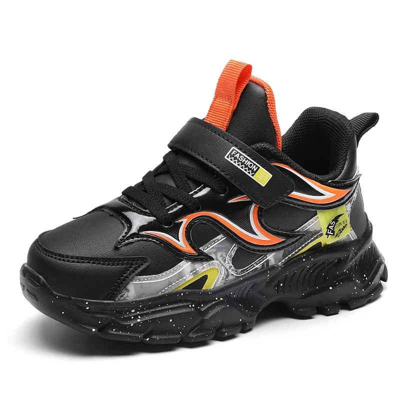 

Кроссовки Детские кожаные на липучке, уличная спортивная обувь для мальчиков, со шнуровкой, с эффектом пламени и тиснения, для бега