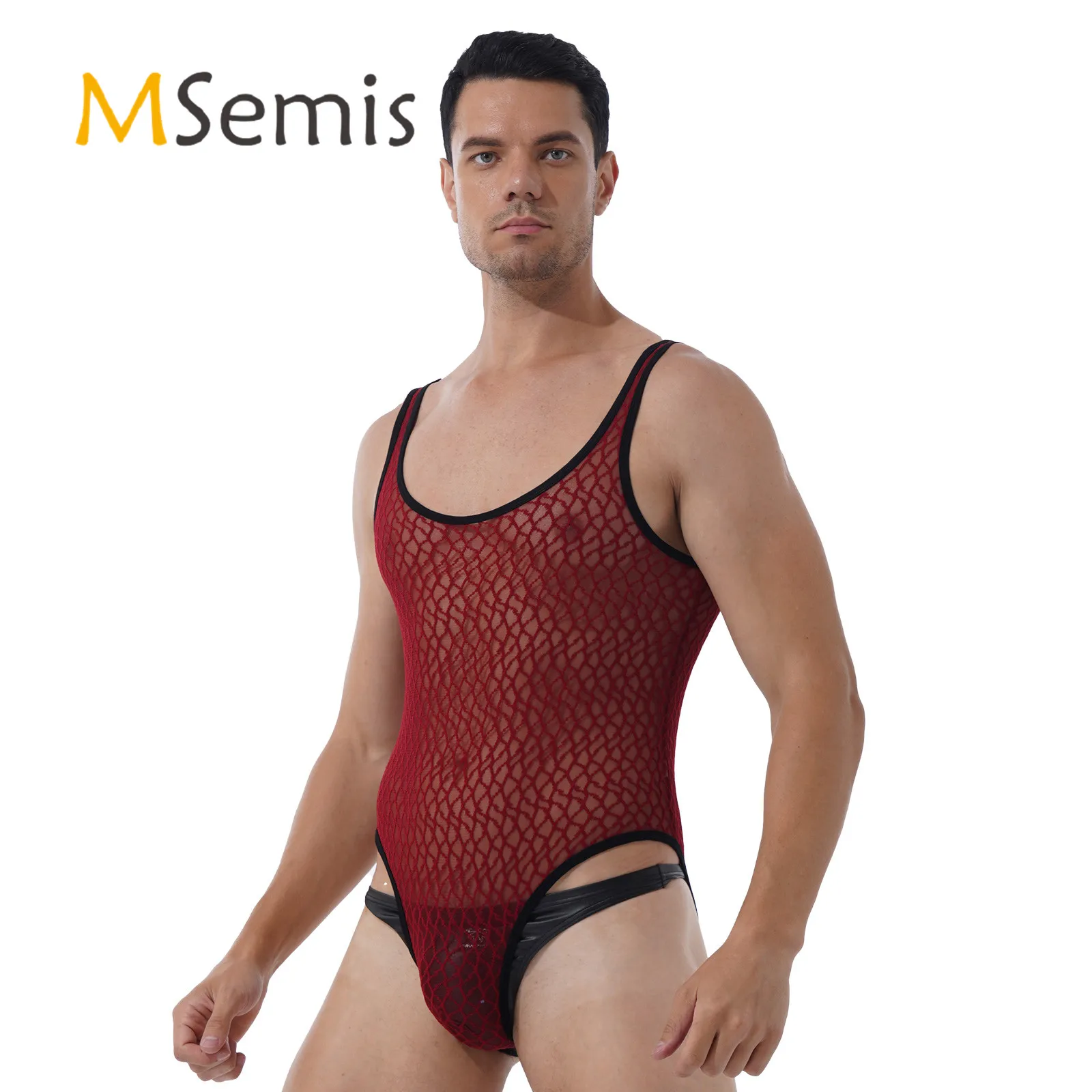 

Мужское нижнее белье, прозрачное Сетчатое боди, соблазнительное нижнее белье, майка для борьбы, атлетическое трико без рукавов с круглым вы...