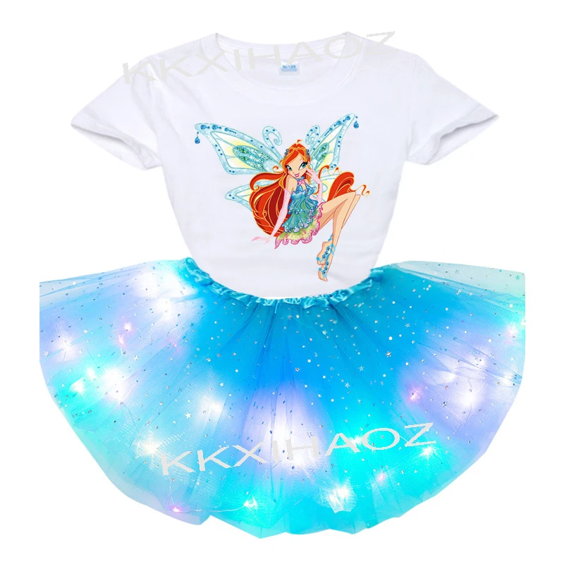 

Baby Girls Dress Kids Princess Clothes Cute Skirt Party Gift Summer Clothing Magic girl Printed tshirt+ Sequin skirt 2pcs Suit