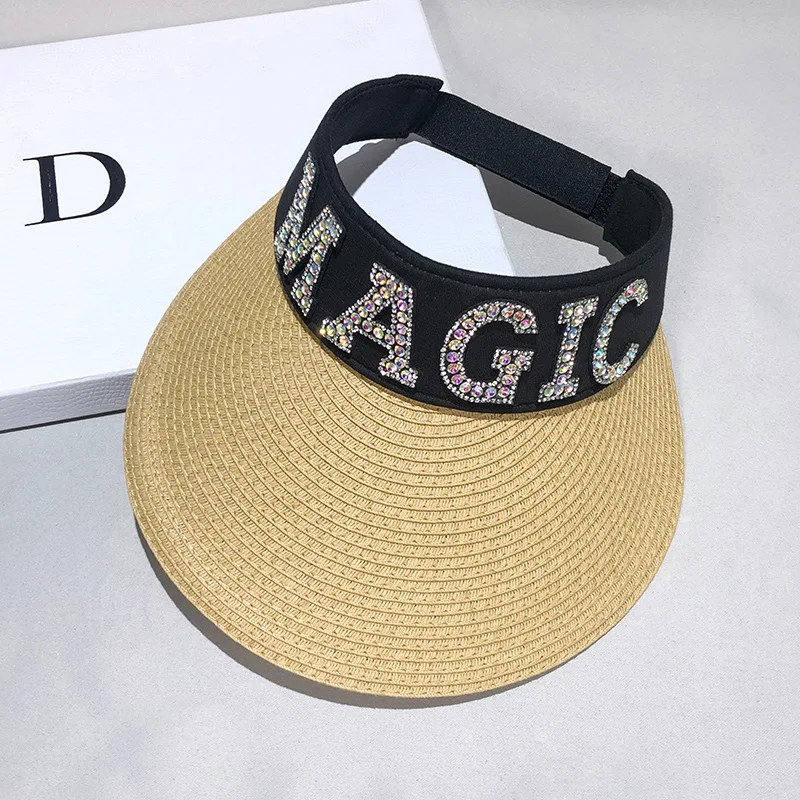 

Summer Empty Top Suncap Portable Foldable Magic Tape Roll-up Beach Hat Wide Brim Women Sun Hat Fashion Casual Straw Cap Visors