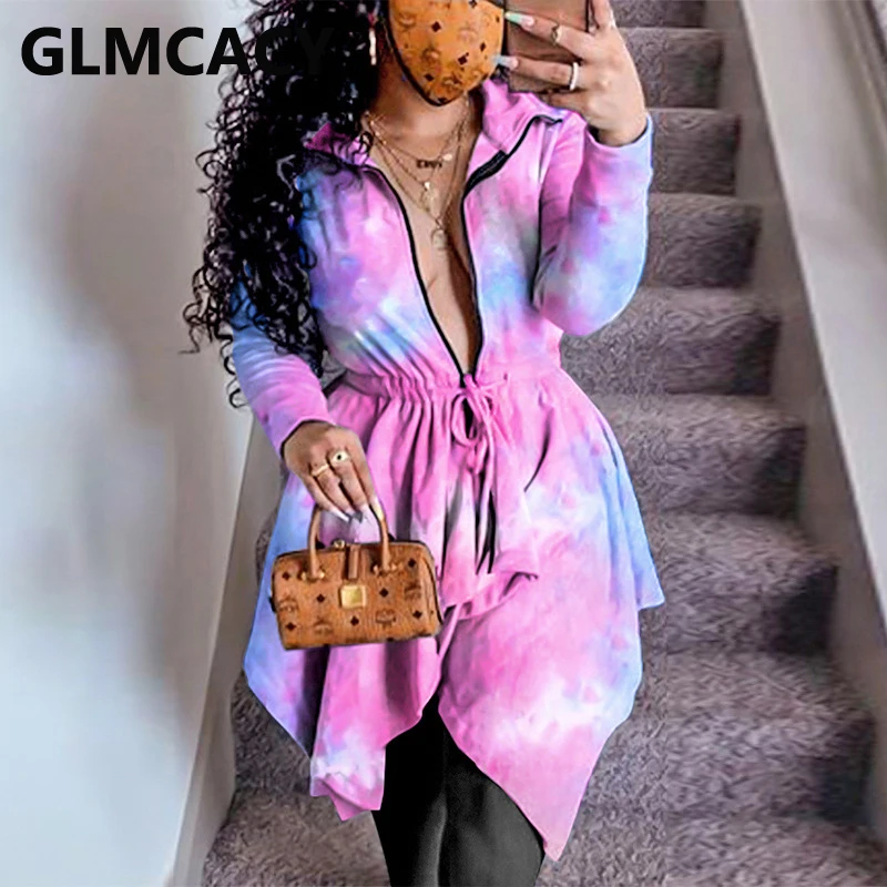 

Women Long Sleeve Abstract Printed Zipper Dress Casual Drawstring Waist Dress