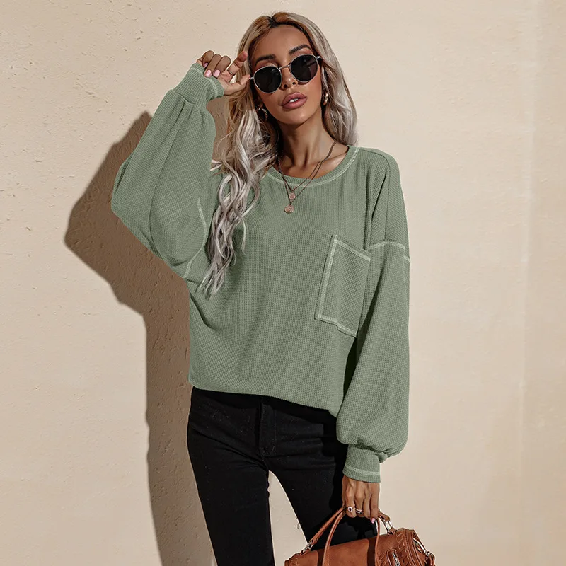 

Women Casual Lantern Sleeve Oversize T-Shirt Ladies O Neck Pocket Green Tees Tops 2022 New Fashion Streetwear Spring T-Shirt