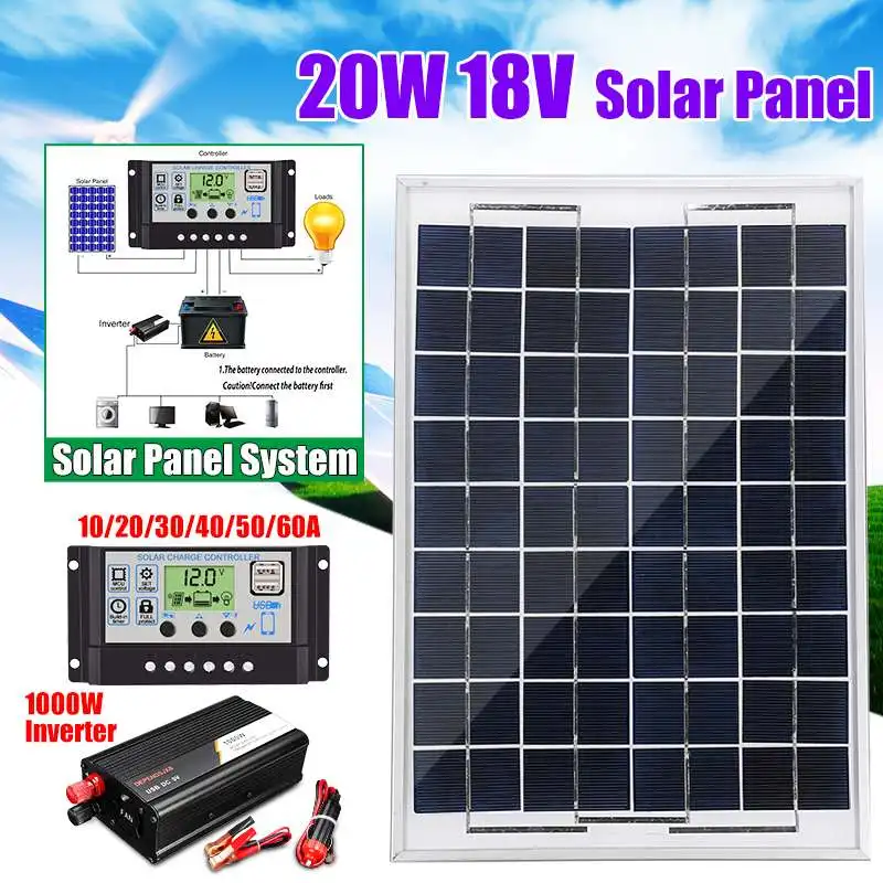 

12V/24V Solar Panel System 18V 20W Solar Panel 10A-60A Charge Controller 1000W Solar Inverter Kit Complete Power Generation