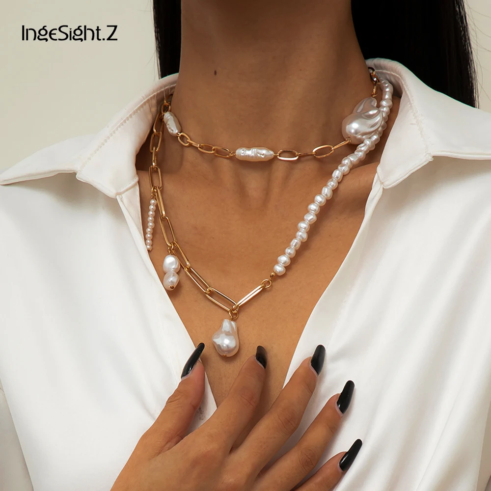 

IngeSight.Z 2Pcs/Set Imitation Pear Baroque Pendant Necklace Women Multi Layered Gold Color Link Chain Choker Necklaces Jewelry