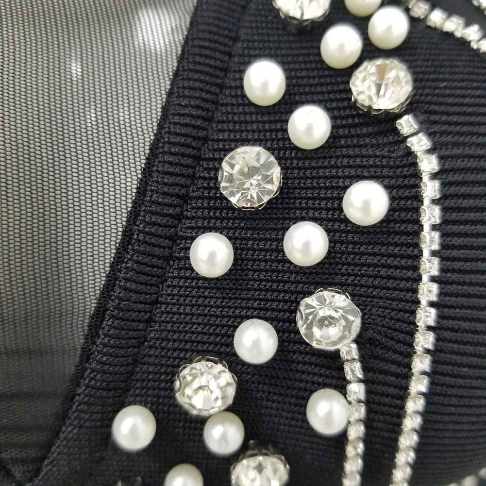 

Women's long-sleeved pearls beads diamonds tassels chain bandage shorts sexy jumpsuit Birthday party dress Show host Latin Dance