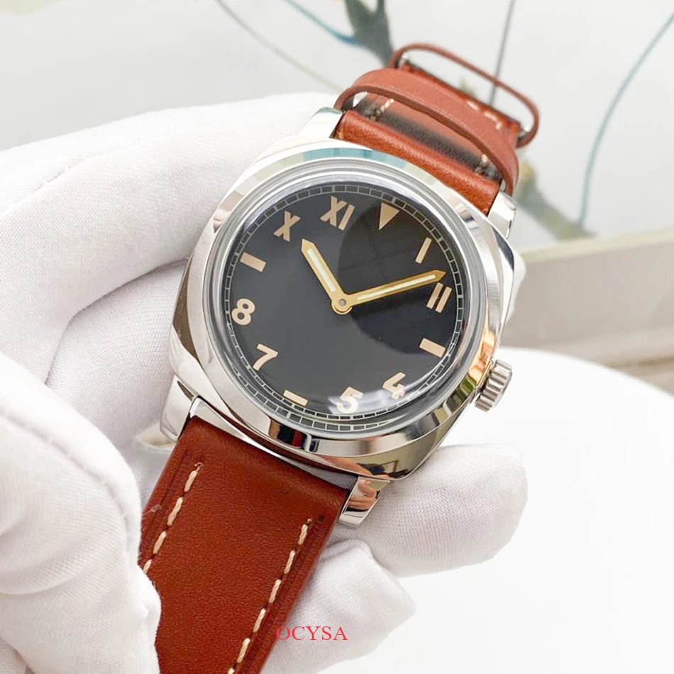 

Men's casual 47mm manual up chain mechanical Sport Black Dial polished 316L case high quality brown leather strap