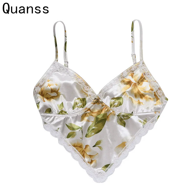 

Quanss Summer Lace Patchwork Floral Print Camis Top Women Backless Sexy Tank Club Beach Vest 2021 Satin Crop Tops WSY31