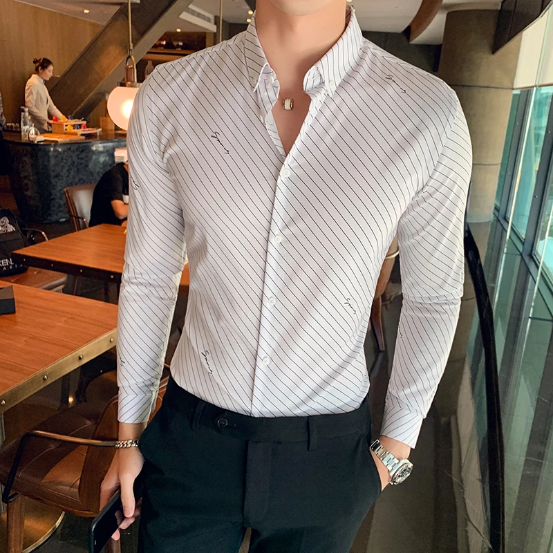 Chemise Homme британский стиль Для мужчин рубашка в полоску с длинными рукавами, высокое качество, отложной воротник, деловая, общественная рубашки Для мужчин клубный костюм-смокинг