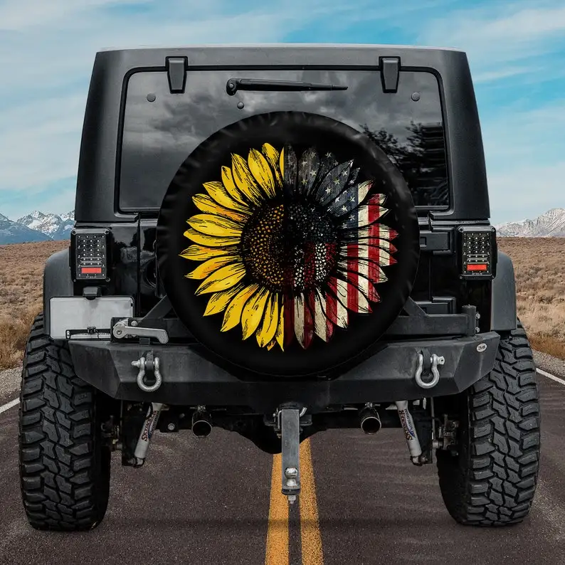 

American Flag With Art Sunflower Spare Tire Cover - Car Accessories, Custom Spare Tire Covers Your Own Personalized Design,