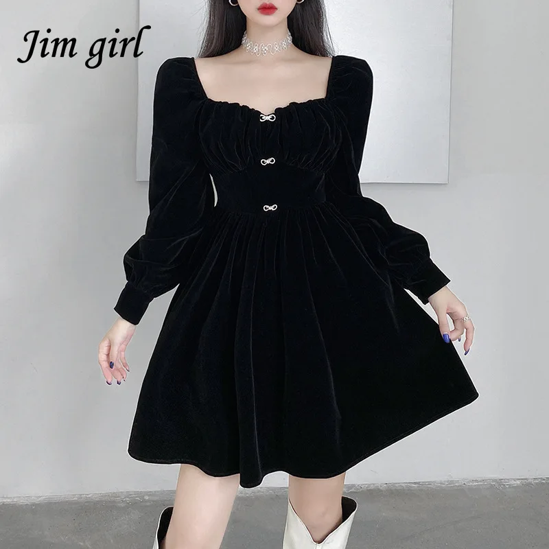 

Elegant French Velvet Dress Women Vintage Gothic Puff Sleeve Party Dress Spring Sweet Bow Square Collar A-line Black Mini Vestid
