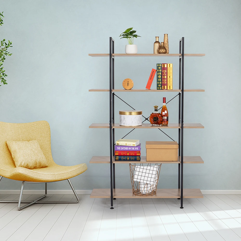 

5-Tier Industrial Bookcase and Book Shelves Vintage Wood and Metal Bookshelves Durable Load-bearing Better Gray