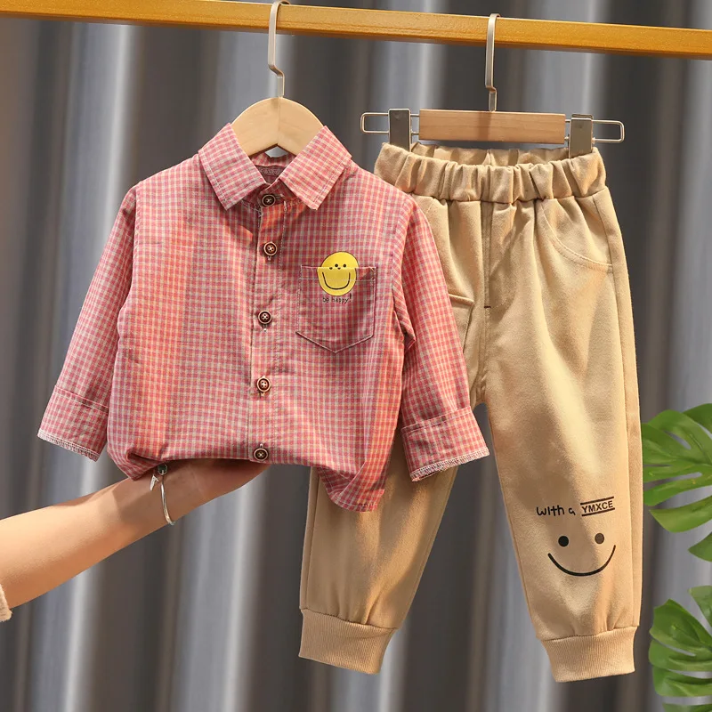 

12M-4Y Boys' checked shirts spring autumn clothes children's shirts pants two-piece Korean version