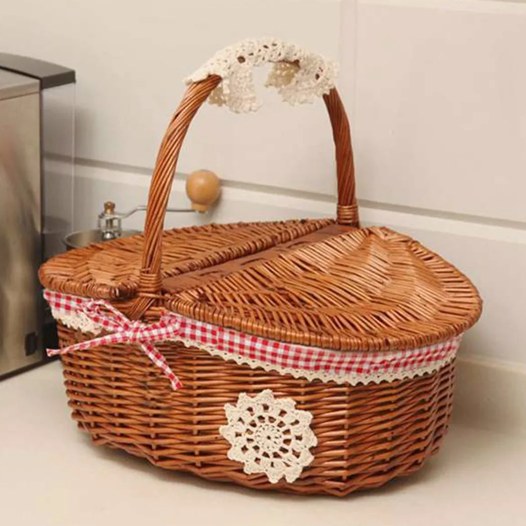 

Hand-Woven Storage Basket Wicker Camping Picnic Basket Shopping Storage Hamper Bread Fruit Food Breakfast Display Box Home Decor