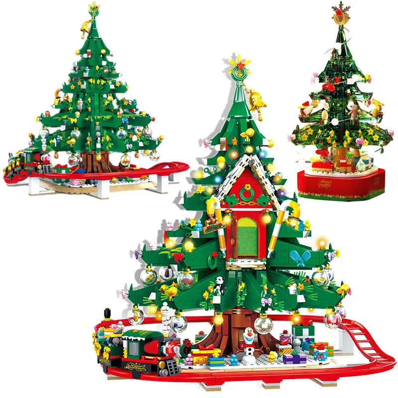 

Santa Tree House Train Building Blocks DIY City Friends Christmas Rotating LED Shining Music Box Bricks Toys For Kid Xmas Gifts