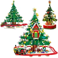 santa tree house train building blocks diy city friends christmas rotating led shining music box bricks toys for kid xmas gifts